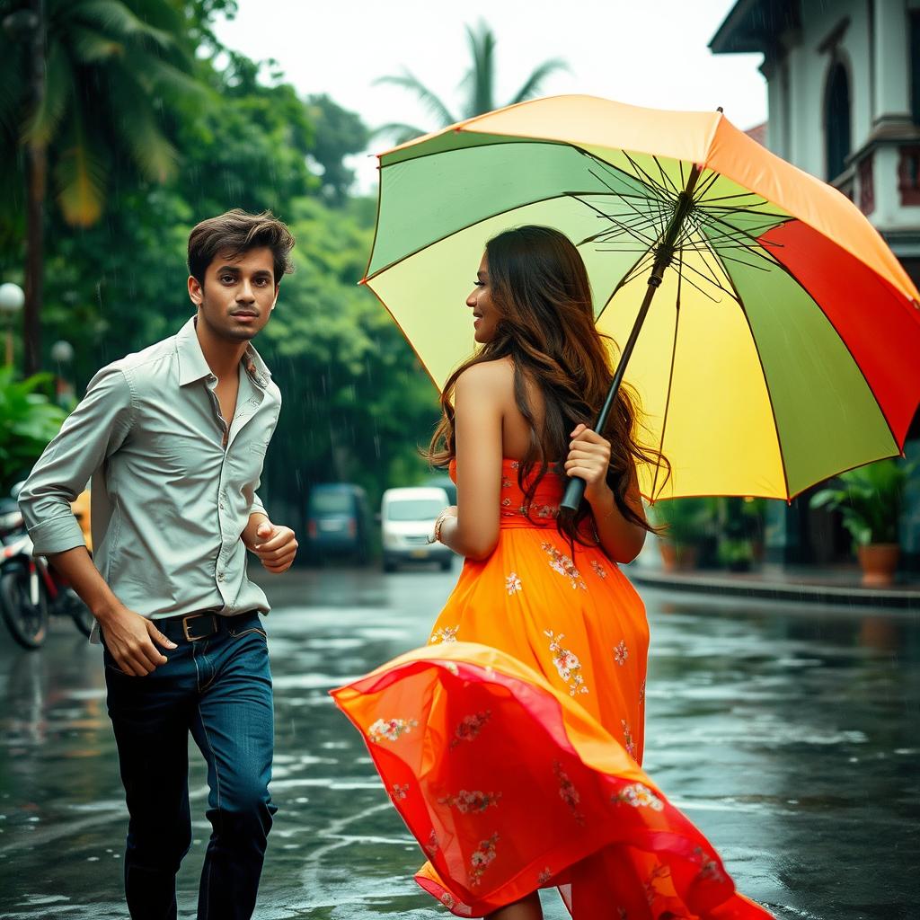 A scene on a rainy afternoon in a bustling city street in Sri Lanka