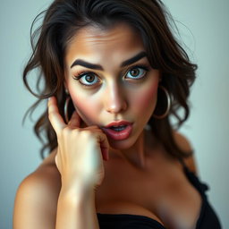 A beautiful 18-year-old woman with a surprised expression, facing the camera