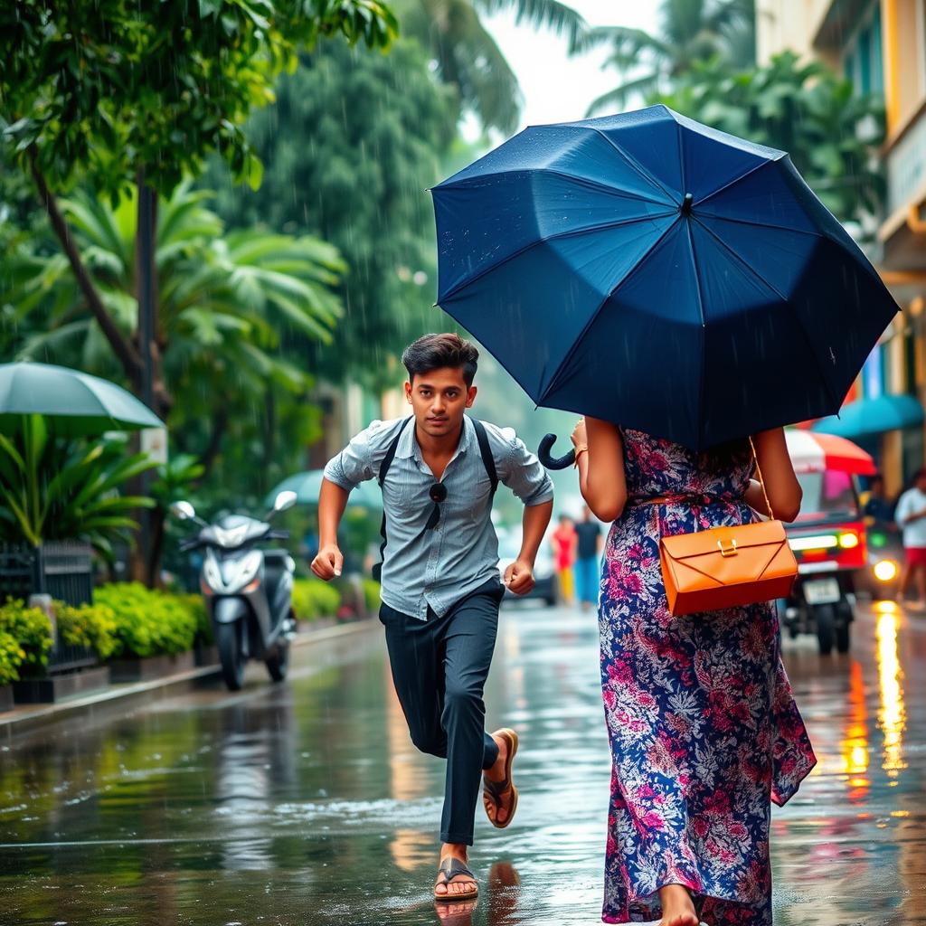 A rainy afternoon in a bustling city street in Sri Lanka, capturing the moment when a handsome young man is running slowly without an umbrella