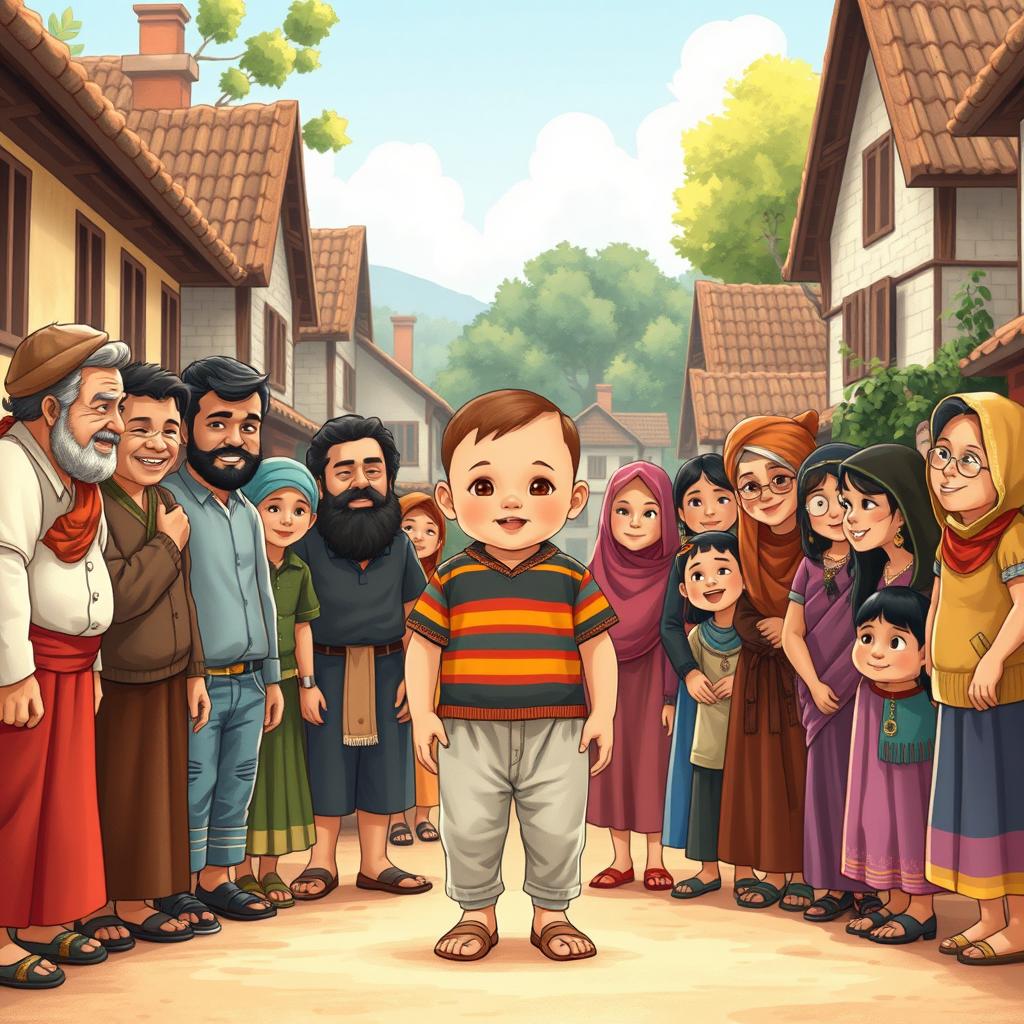 A 6-month-old baby boy named Haami standing in the center of a quaint village, surrounded by a diverse group of villagers of various ages, all looking at him with love and admiration