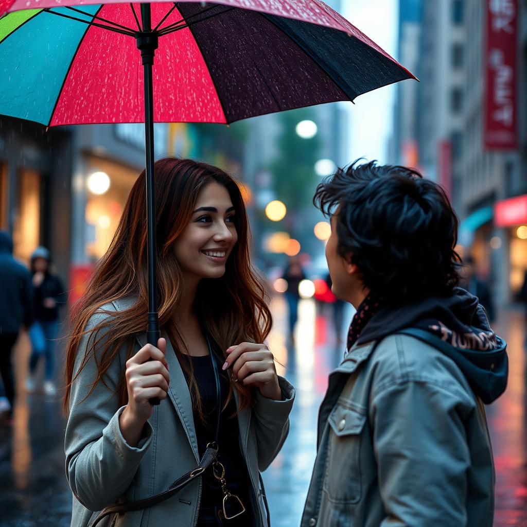 A beautiful young woman with long, flowing brown hair holding a colorful umbrella in her hand, standing on a bustling city street during a rainy day