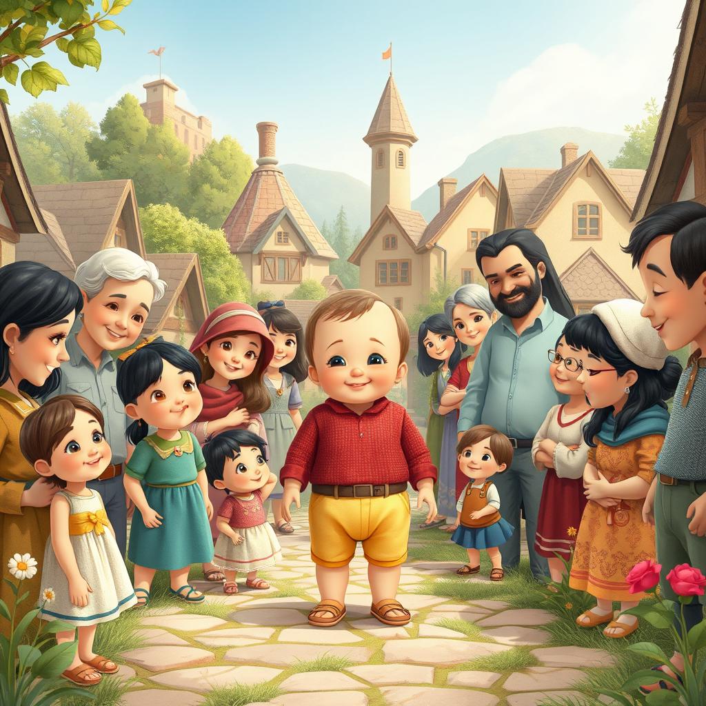 A charming scene of a 6-month-old baby named Haami standing in the center of a picturesque retro village, surrounded by a diverse group of villagers of various ages, including children, adults, and seniors, who gaze at him with love and admiration