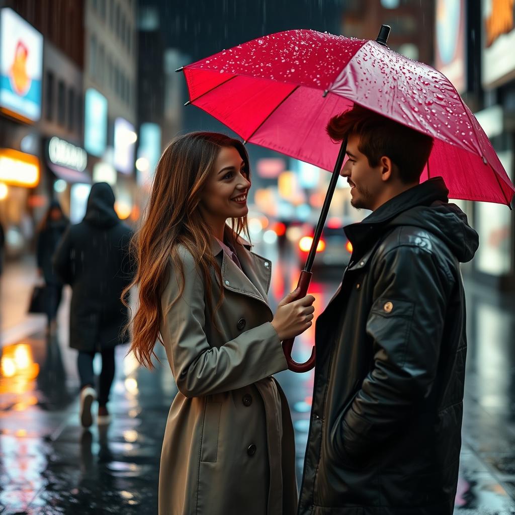 A beautiful young woman with long, flowing hair, wearing a stylish trench coat and holding a vibrant umbrella, stands on a bustling city street during a rainy day