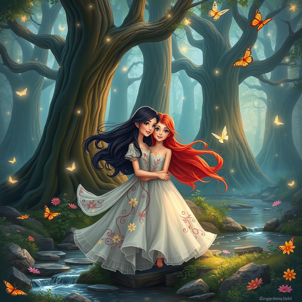 An enchanting scene illustrating the tale of two sisters, Anel and Khanshayim, in a mystical forest