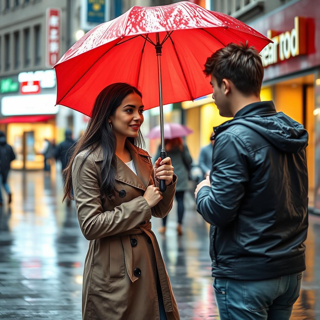 A beautiful young woman with long dark hair, dressed in a stylish trench coat and holding a vibrant red umbrella, stands on a bustling city street