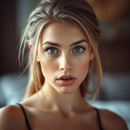 A beautiful 18-year-old woman with a surprised expression, facing the camera