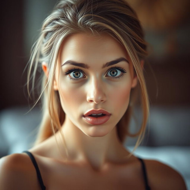 A beautiful 18-year-old woman with a surprised expression, facing the camera