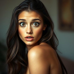 A beautiful 18-year-old woman with a surprised expression, facing the camera