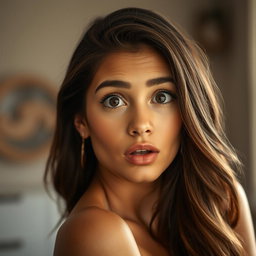 A beautiful 18-year-old woman with a surprised expression, facing the camera