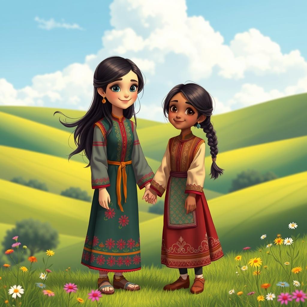 A vibrant, animated scene featuring two Kazakh girls, Anel and Khanshaiym, in a picturesque setting