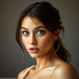 A beautiful 18-year-old woman with a surprised expression, facing the camera directly