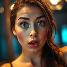 A beautiful 18-year-old woman with a surprised expression, facing the camera directly