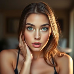 A beautiful 18-year-old woman with a surprised expression, facing the camera directly