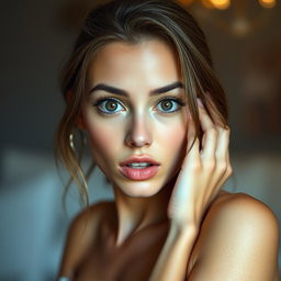 A beautiful 18-year-old woman with a surprised expression, facing the camera directly