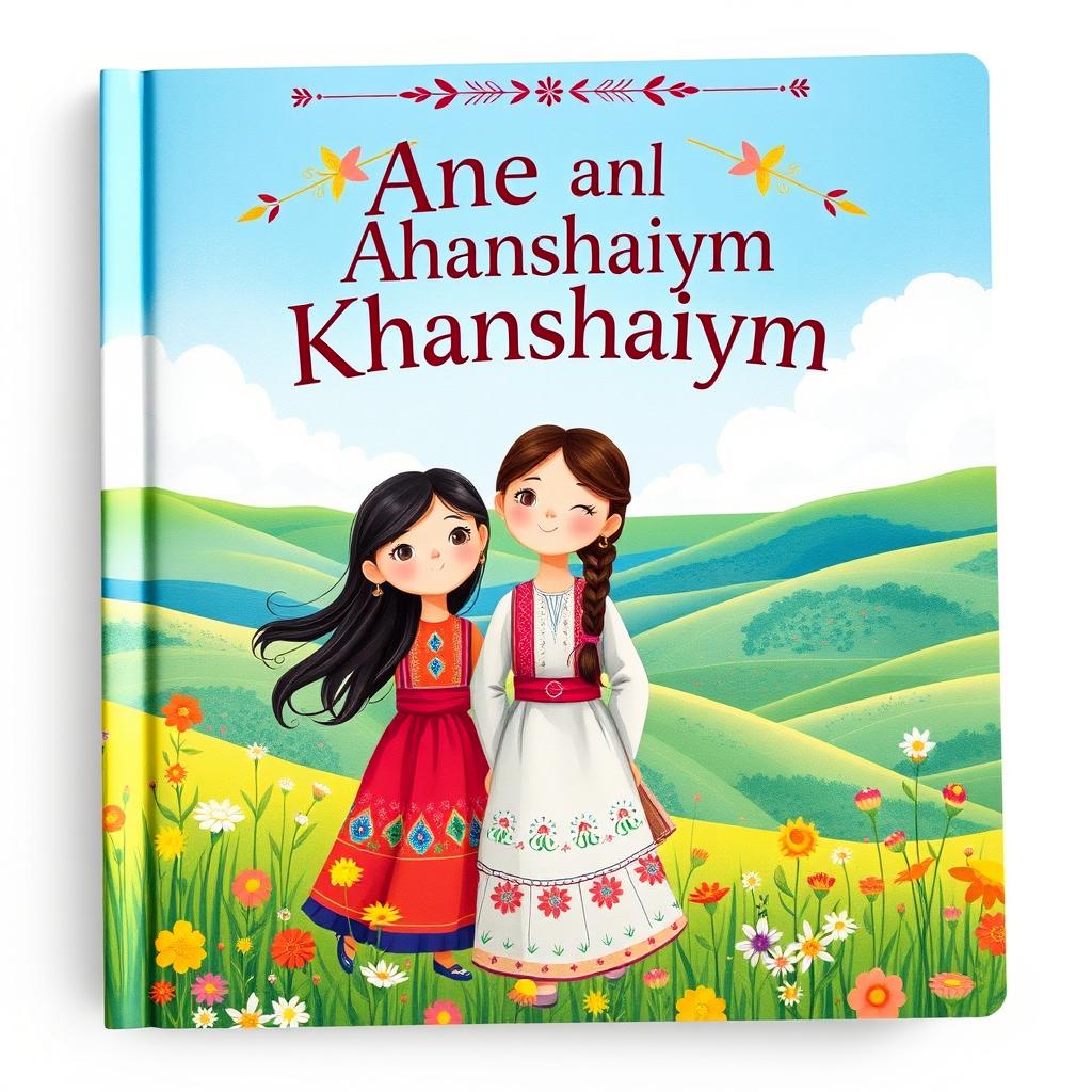 A heartwarming book cover design depicting the story of two Kazakh girls, Anel and Khanshaiym