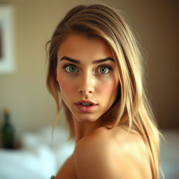 A beautiful 18-year-old woman with a surprised expression, facing the camera directly