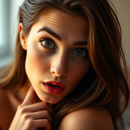 A beautiful 18-year-old woman with a surprised expression, facing the camera directly