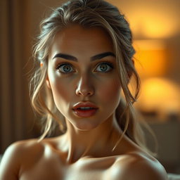 A beautiful 18-year-old woman with a surprised expression, facing the camera directly