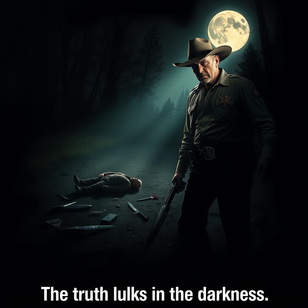 A movie poster for a crime thriller featuring a determined sheriff investigating a murder scene at night
