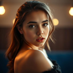 A beautiful 18-year-old woman with an astonished expression, facing the camera directly