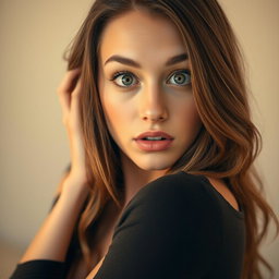 A beautiful 18-year-old woman with an astonished expression, facing the camera directly