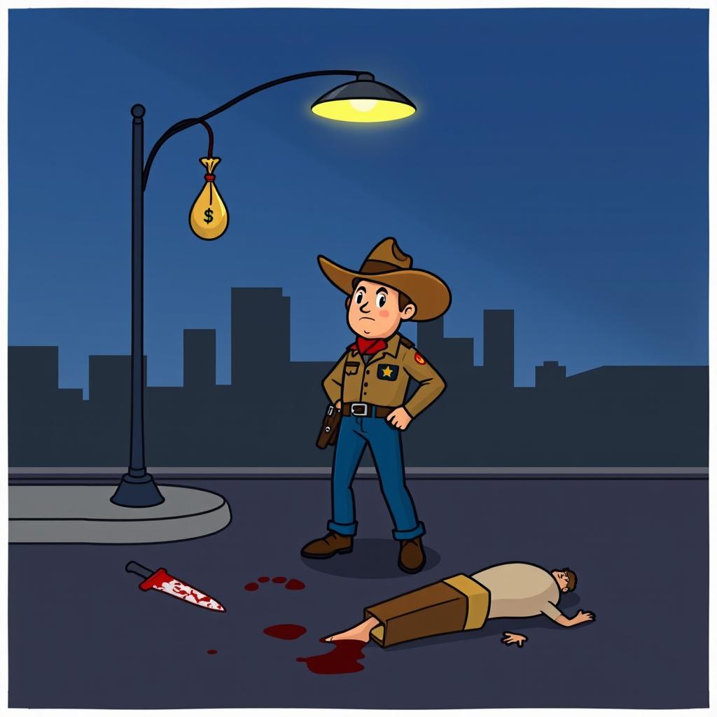 A simplified movie poster design for a crime film featuring a sheriff investigating a murder scene at night