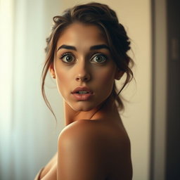 A stunning 18-year-old woman with a shocked expression, directly facing the camera