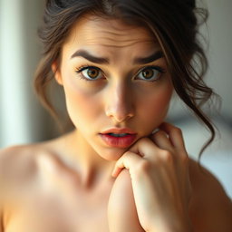 A stunning 18-year-old woman with a shocked expression, directly facing the camera