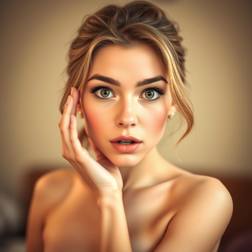 A stunning 18-year-old woman with a shocked expression, directly facing the camera