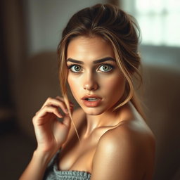 A stunning 18-year-old woman with a shocked expression, directly facing the camera