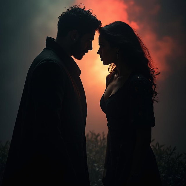 A dramatic visual duel between two dark, mysterious silhouettes, standing face to face with an intense gaze locked upon each other