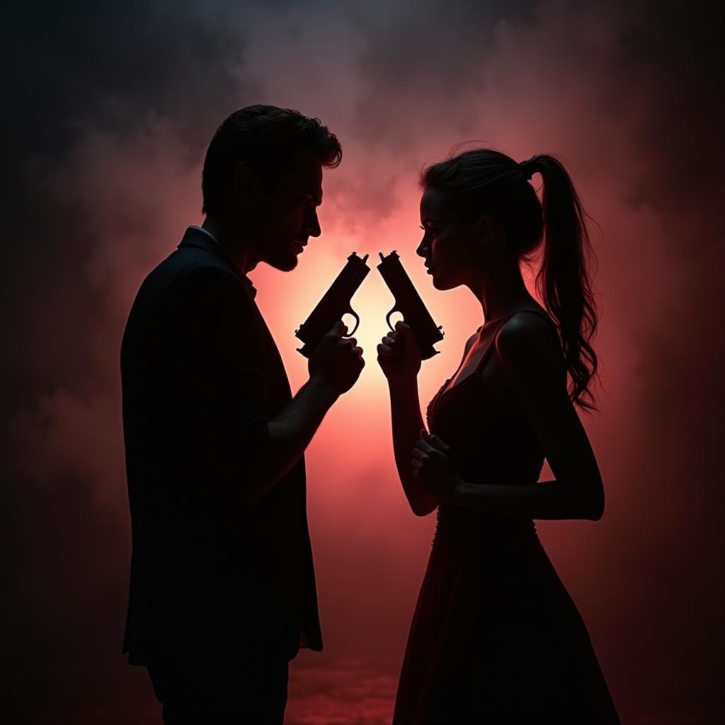 A high-stakes visual duel between two dark, imposing silhouettes standing face to face, each wielding a gun, their intense gazes locked on each other