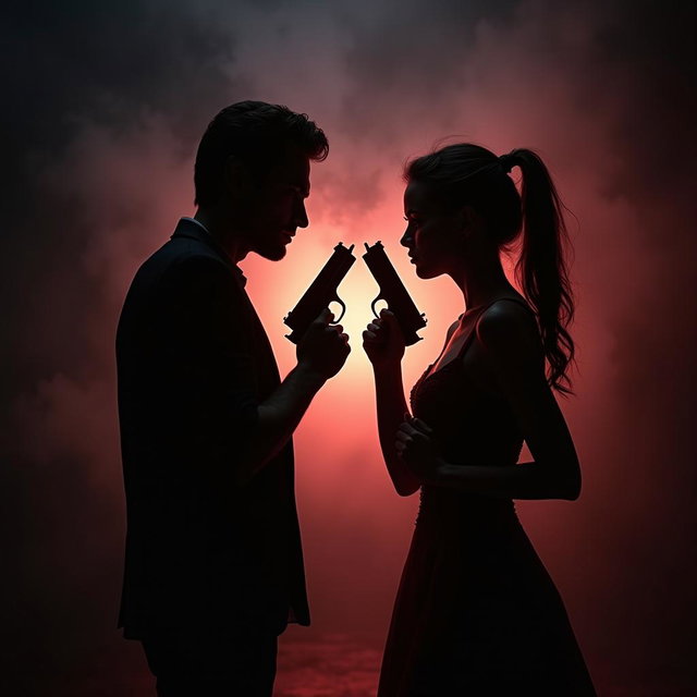 A high-stakes visual duel between two dark, imposing silhouettes standing face to face, each wielding a gun, their intense gazes locked on each other