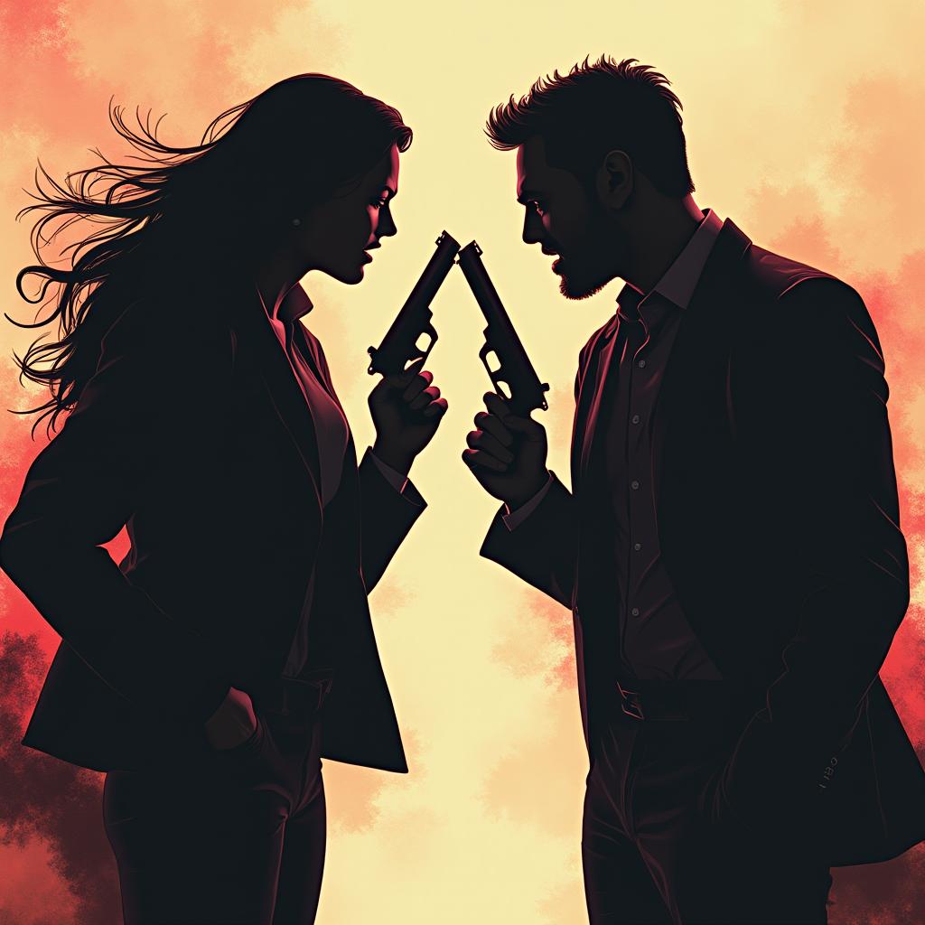 A captivating illustration depicting a visual duel between two striking shadows, facing each other with intense gazes, each holding a gun