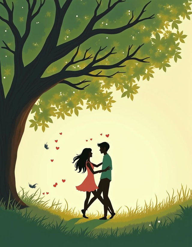 A heartwarming vector illustration depicting a tender scene of two silhouettes joyfully laughing together under a sprawling tree