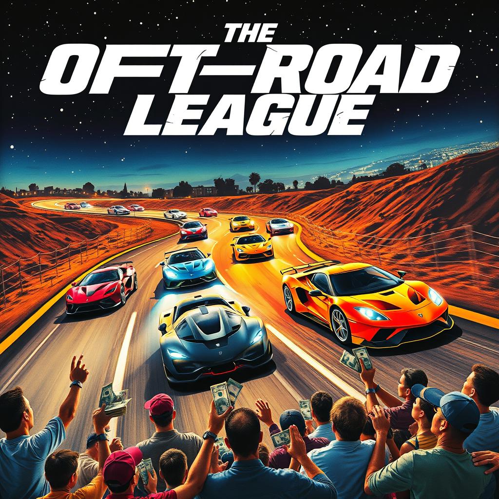 A dynamic movie poster for a thrilling film titled 'The Off-Road League', showcasing a nighttime scene of an illegal street race featuring high-performance sports cars speeding down a winding road