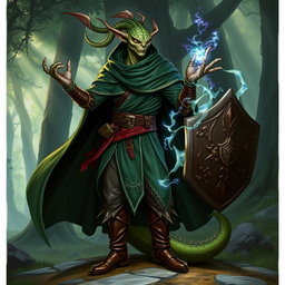 A yuan-ti male from Dungeons & Dragons, depicted with snake-like features, dressed in a dark green druid cape that flows elegantly around him