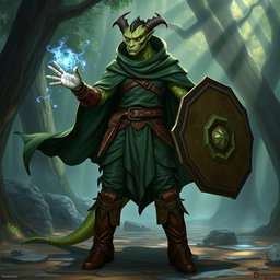 A yuan-ti male from Dungeons & Dragons, depicted with snake-like features, dressed in a dark green druid cape that flows elegantly around him