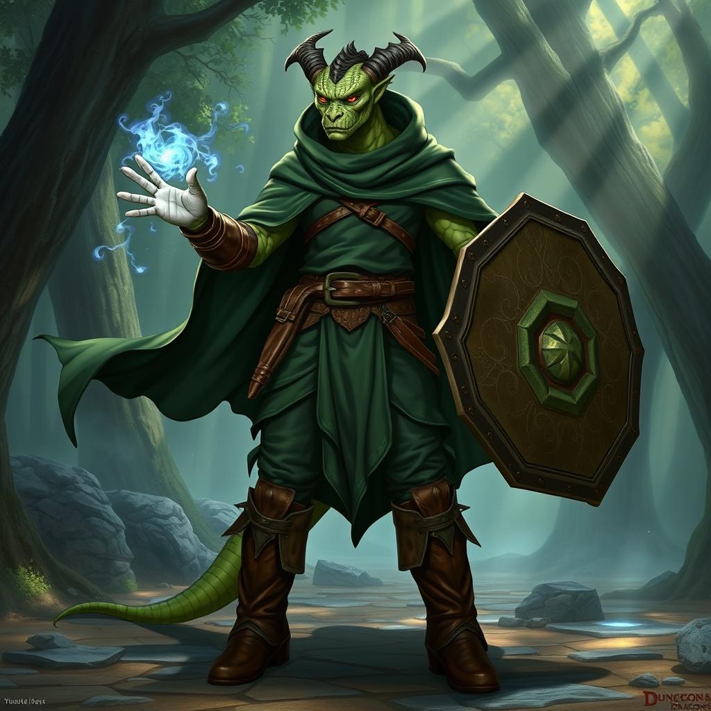 A yuan-ti male from Dungeons & Dragons, depicted with snake-like features, dressed in a dark green druid cape that flows elegantly around him