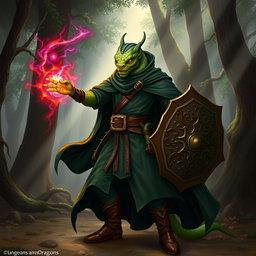 A yuan-ti male from Dungeons & Dragons, depicted with snake-like features, dressed in a dark green druid cape that flows elegantly around him