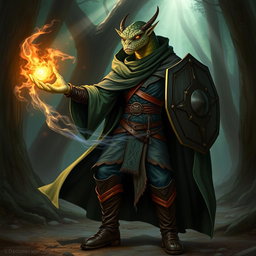A yuan-ti male from Dungeons & Dragons, depicted with snake-like features, dressed in a dark green druid cape that flows elegantly around him