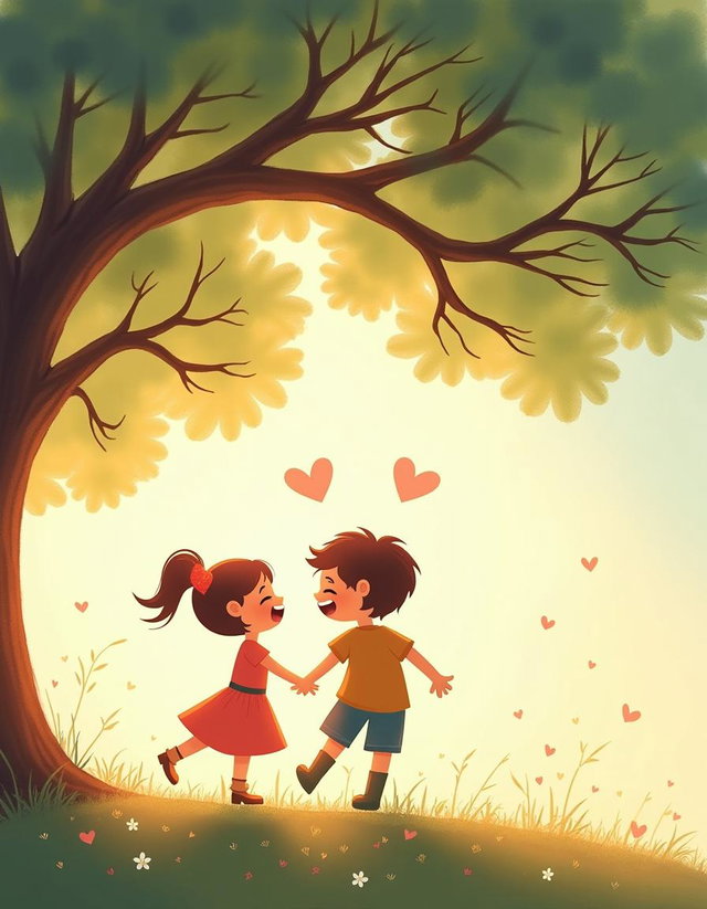 A heartwarming illustration capturing a sweet scene of two silhouettes joyfully laughing together under the branches of a large, leafy tree