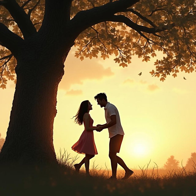 A heartwarming scene depicting two silhouettes laughing joyfully together under a large, gently swaying tree