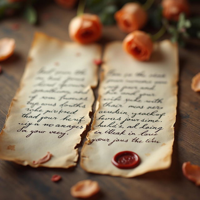 A beautifully styled image of a love letter that has been torn in half and carefully reattached with pieces of clear tape