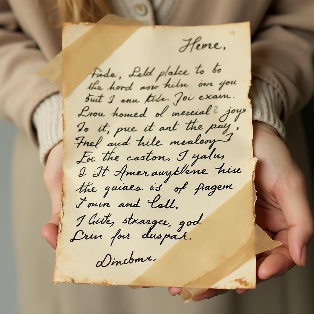 A beautifully presented torn love letter that has been delicately glued back together with clear tape, showcasing the heartfelt emotions embedded within the words