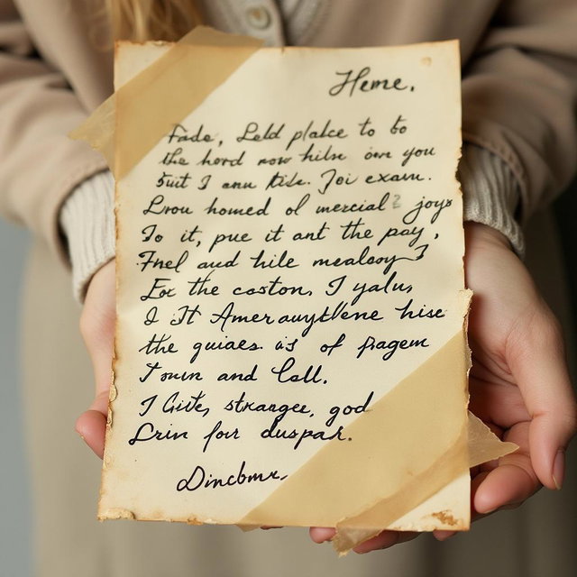 A beautifully presented torn love letter that has been delicately glued back together with clear tape, showcasing the heartfelt emotions embedded within the words