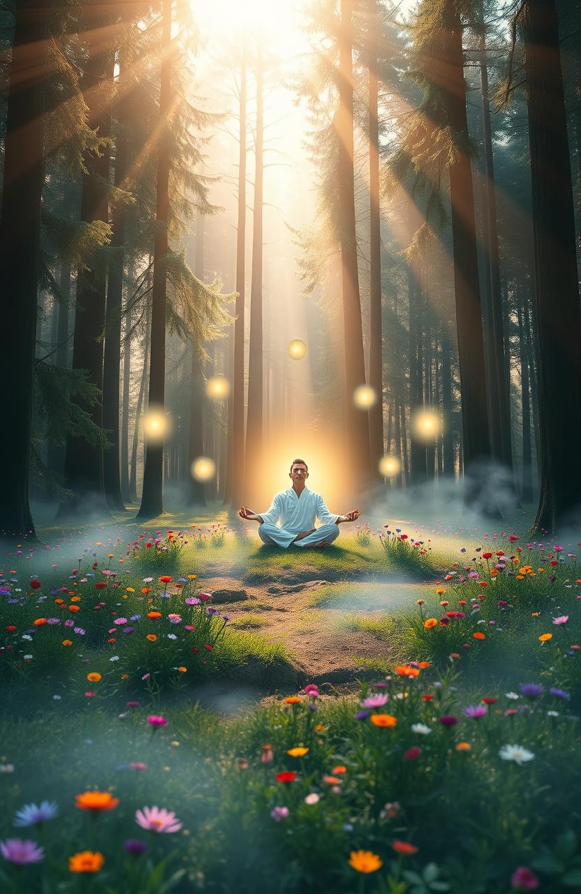 An ethereal scene depicting a tranquil spiritual experience in a serene forest