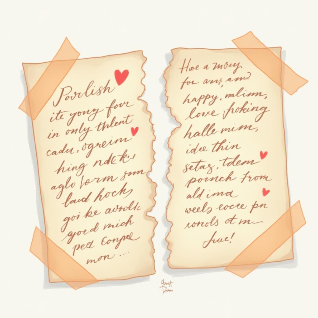 A beautifully illustrated vector artwork showcasing a torn love letter carefully glued back together with clear tape