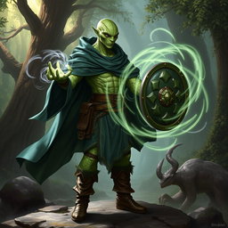 A yuan-ti male from Dungeons & Dragons, characterized by a bald head and a striking snake face adorned with shimmering snake scales