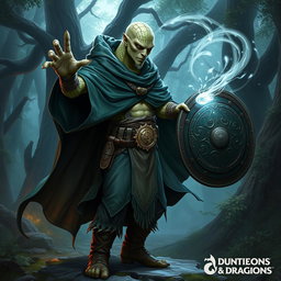 A yuan-ti male from Dungeons & Dragons, characterized by a bald head and a striking snake face adorned with shimmering snake scales